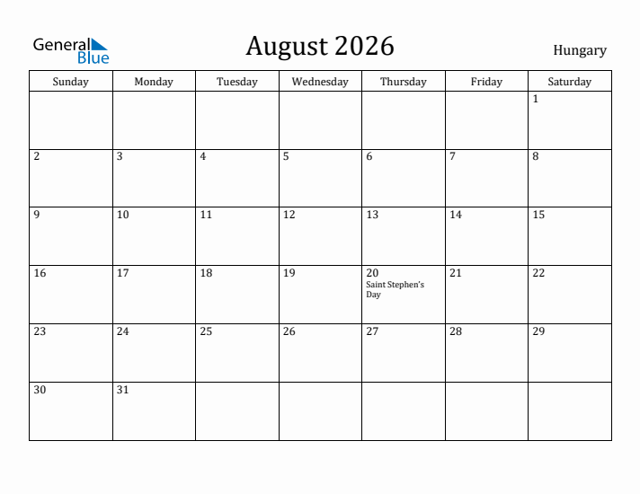 August 2026 Calendar Hungary