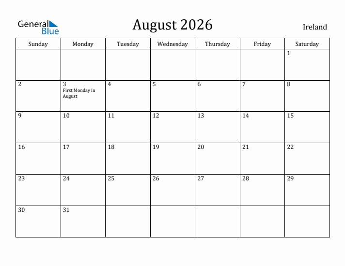 August 2026 Calendar Ireland