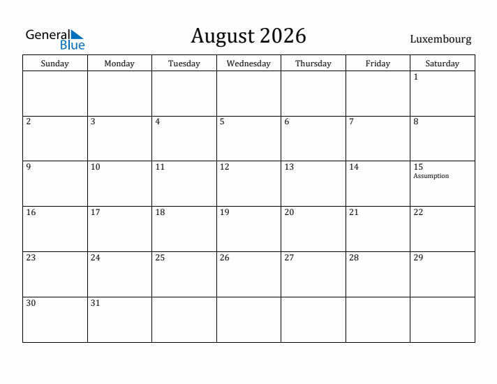 August 2026 Calendar Luxembourg