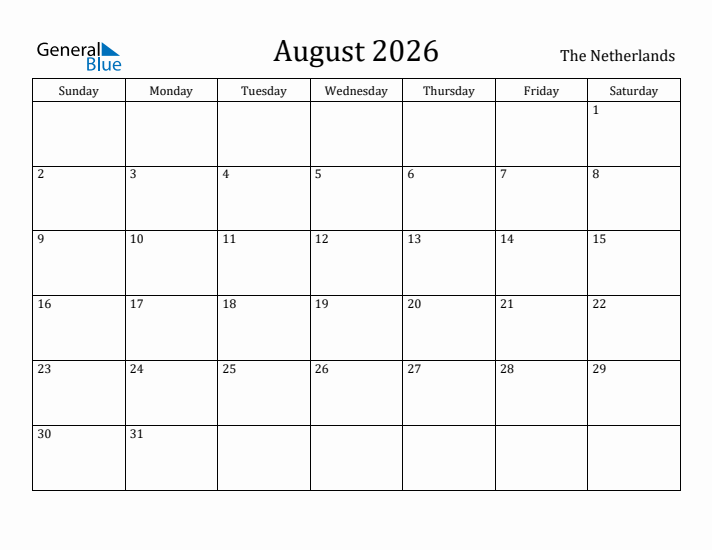 August 2026 Calendar The Netherlands