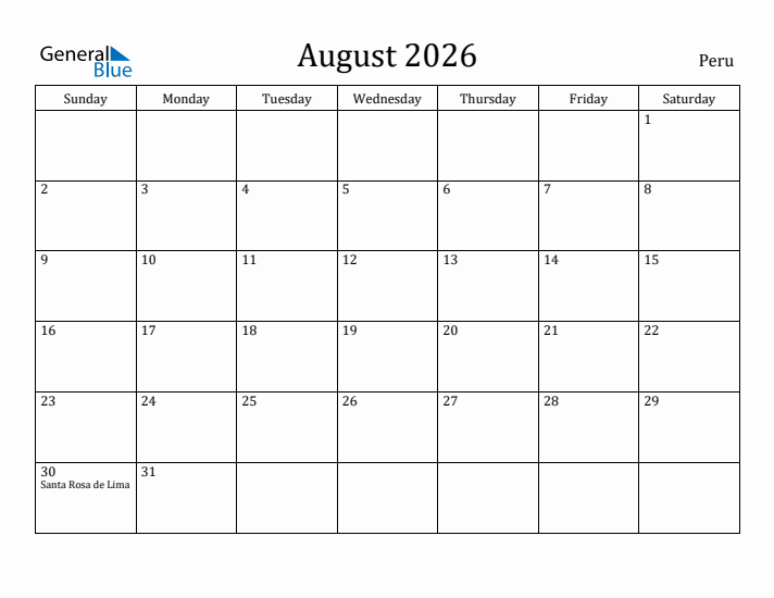 August 2026 Calendar Peru