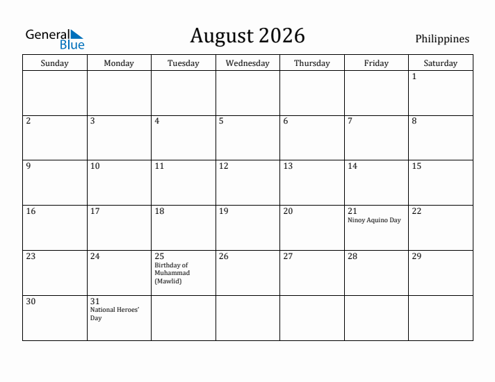 August 2026 Calendar Philippines