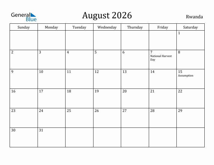 August 2026 Calendar Rwanda