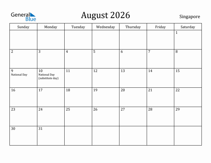 August 2026 Calendar Singapore