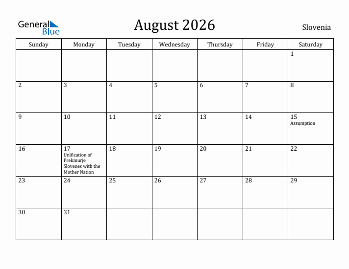 August 2026 Calendar Slovenia