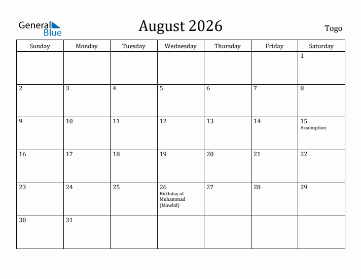August 2026 Calendar Togo