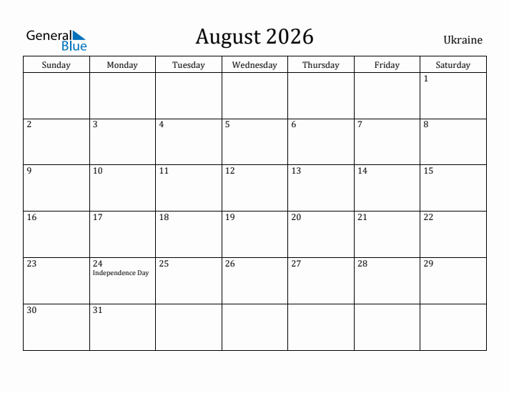 August 2026 Calendar Ukraine