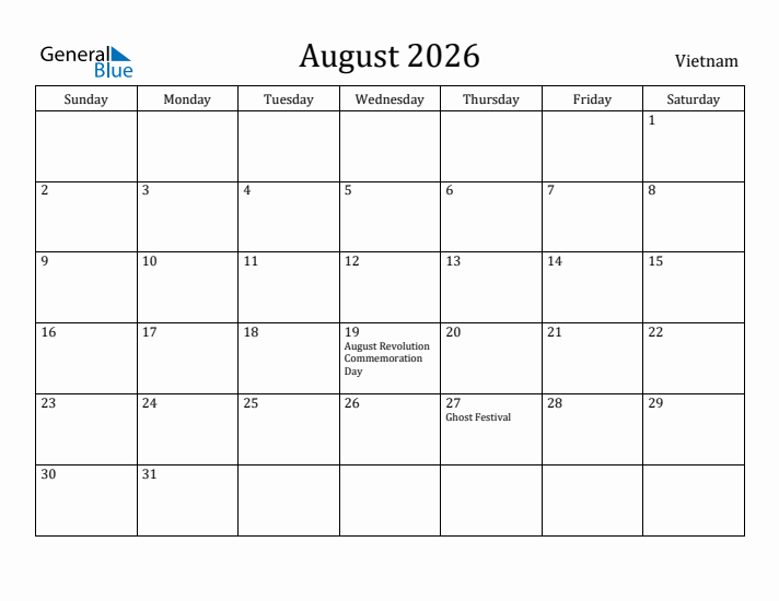 August 2026 Calendar Vietnam