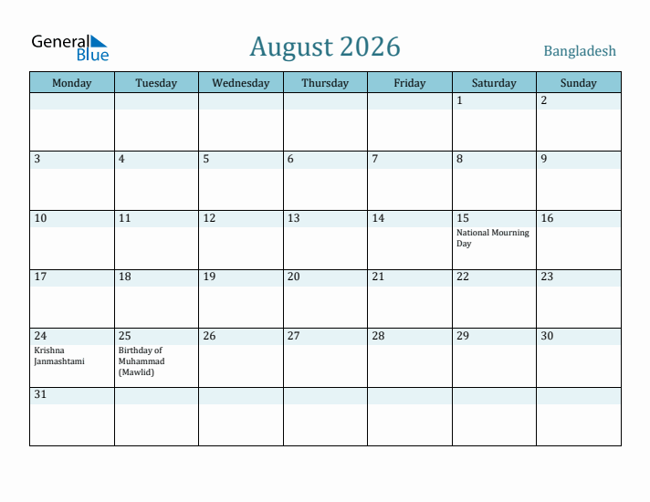 August 2026 Calendar with Holidays