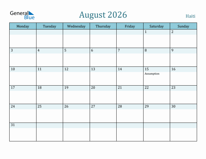 August 2026 Calendar with Holidays