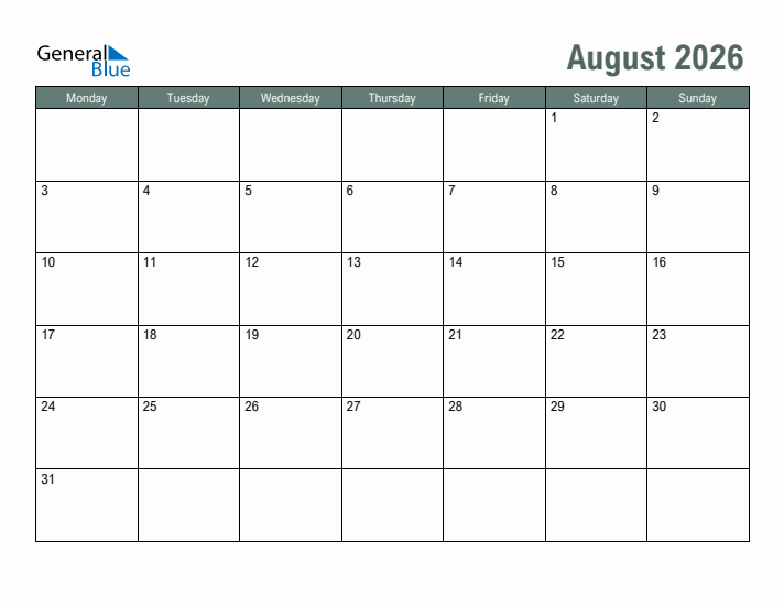 Free Printable August 2026 Calendar