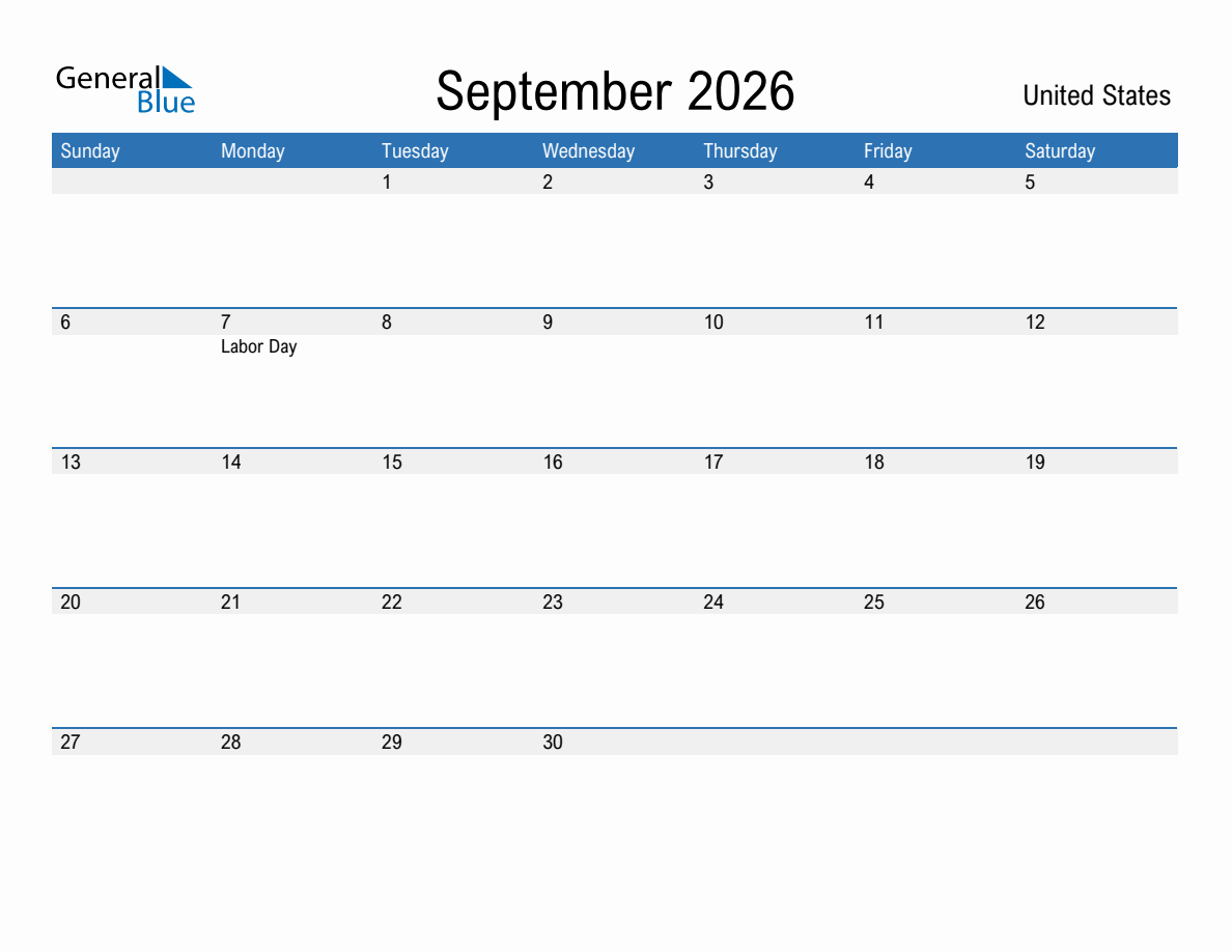 September 2026 Monthly Calendar with United States Holidays