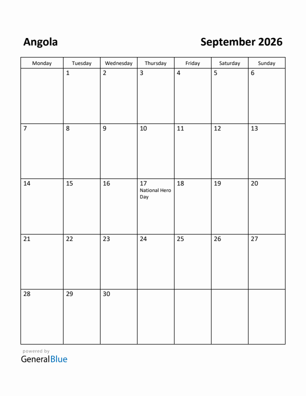 September 2026 Calendar with Angola Holidays