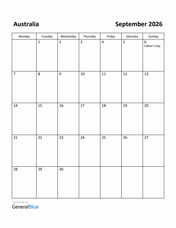 September 2026 Calendar with Australia Holidays