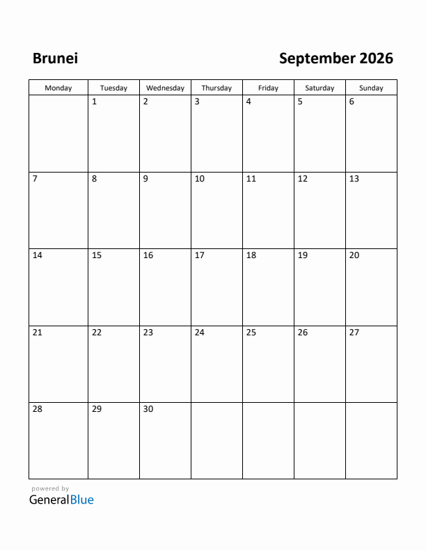 September 2026 Calendar with Brunei Holidays