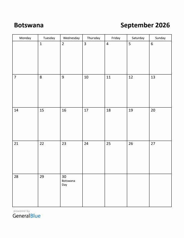 September 2026 Calendar with Botswana Holidays