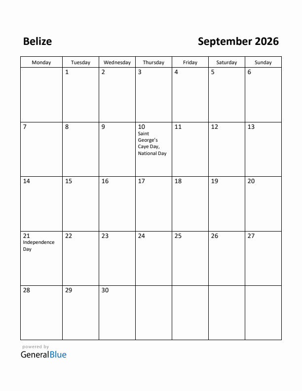 September 2026 Calendar with Belize Holidays