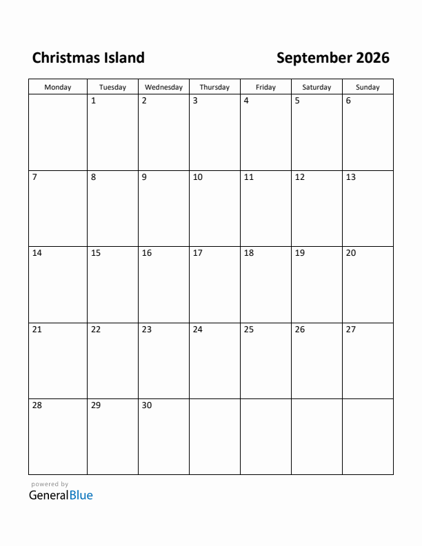 September 2026 Calendar with Christmas Island Holidays