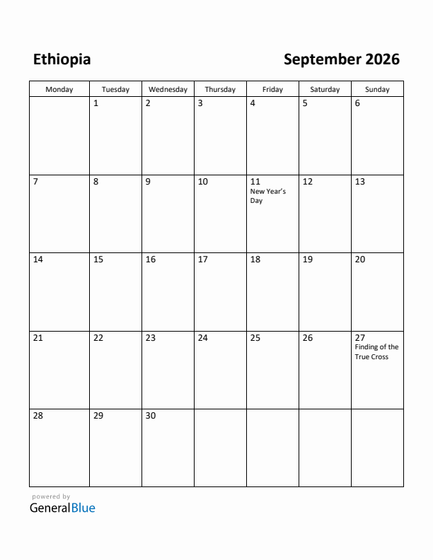 September 2026 Calendar with Ethiopia Holidays