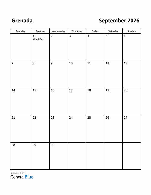 September 2026 Calendar with Grenada Holidays