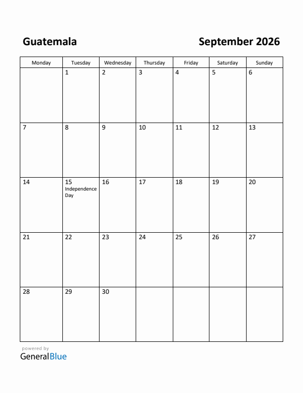 September 2026 Calendar with Guatemala Holidays