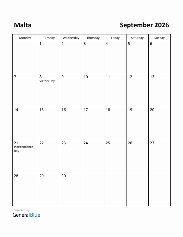 September 2026 Calendar with Malta Holidays