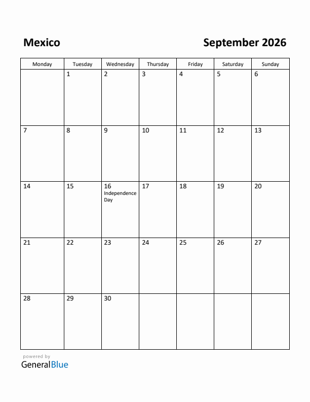 September 2026 Calendar with Mexico Holidays