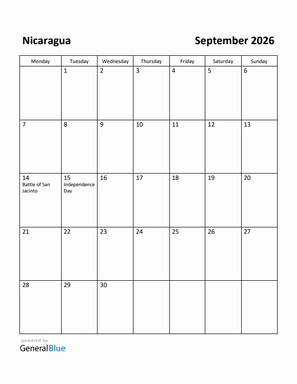September 2026 Calendar with Nicaragua Holidays