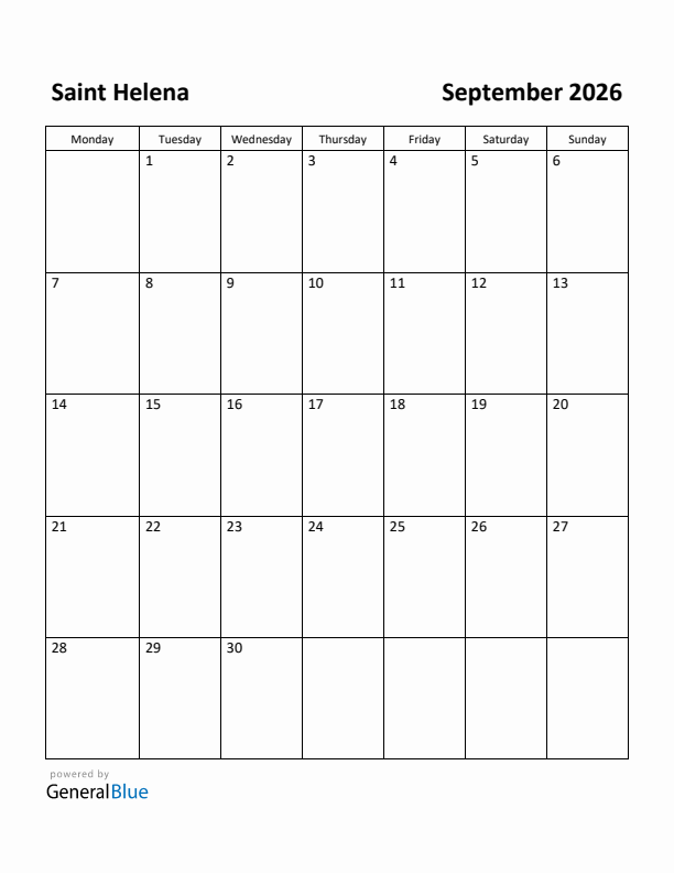 September 2026 Calendar with Saint Helena Holidays