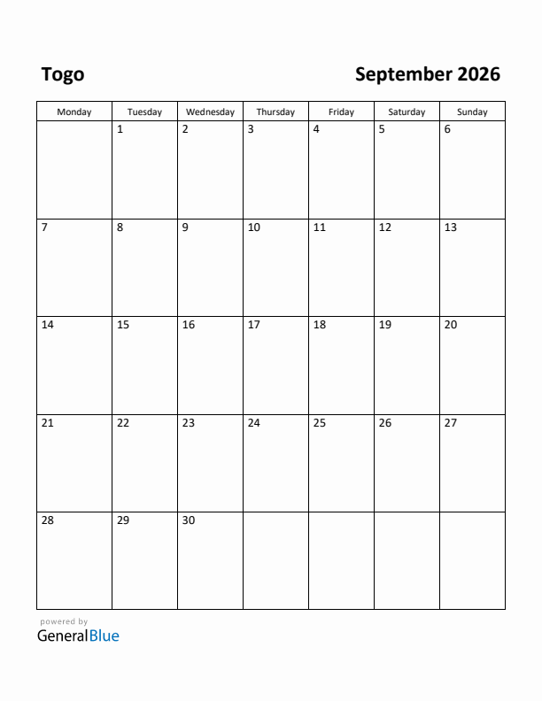 September 2026 Calendar with Togo Holidays