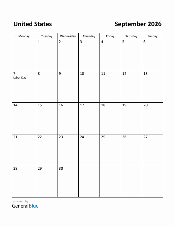 September 2026 Calendar with United States Holidays