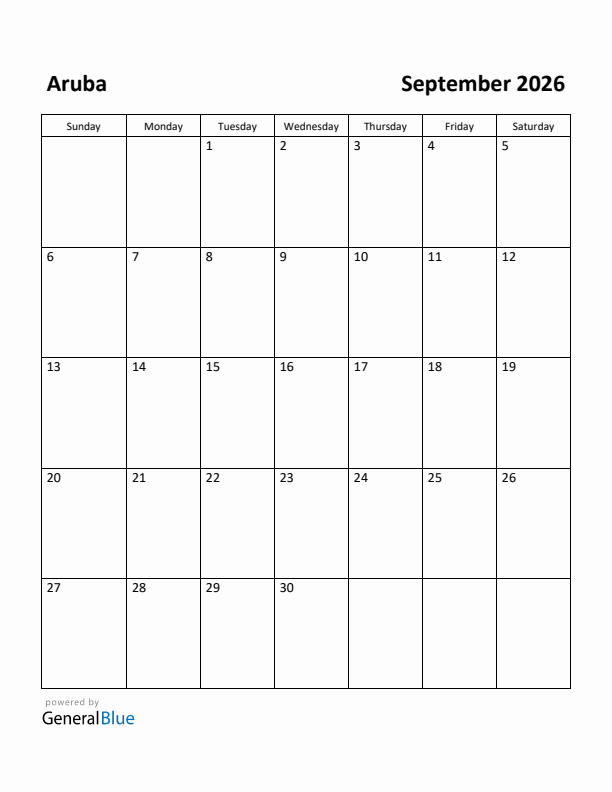September 2026 Calendar with Aruba Holidays