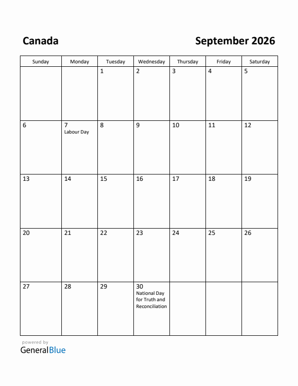 September 2026 Calendar with Canada Holidays