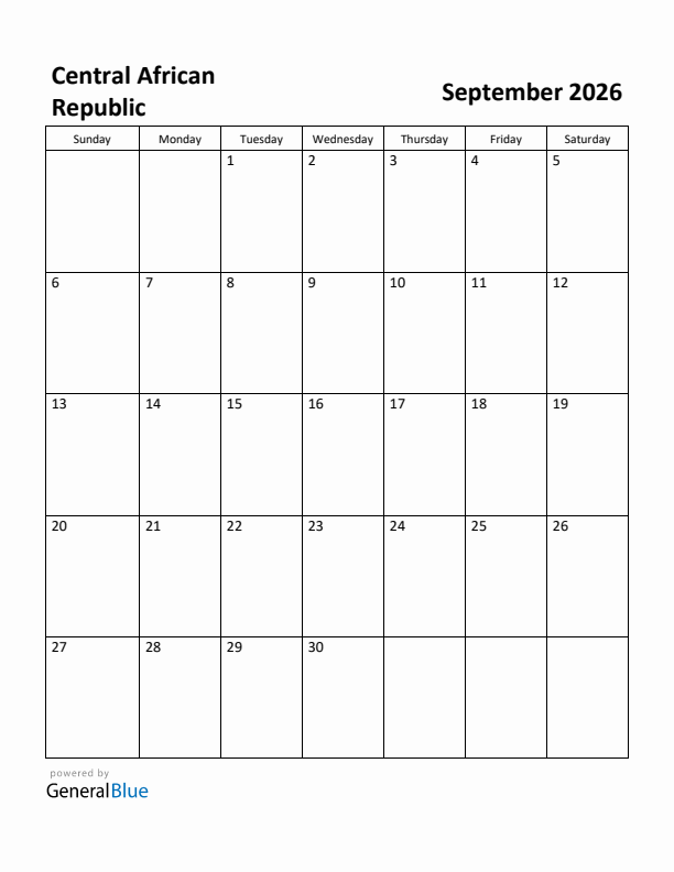 September 2026 Calendar with Central African Republic Holidays