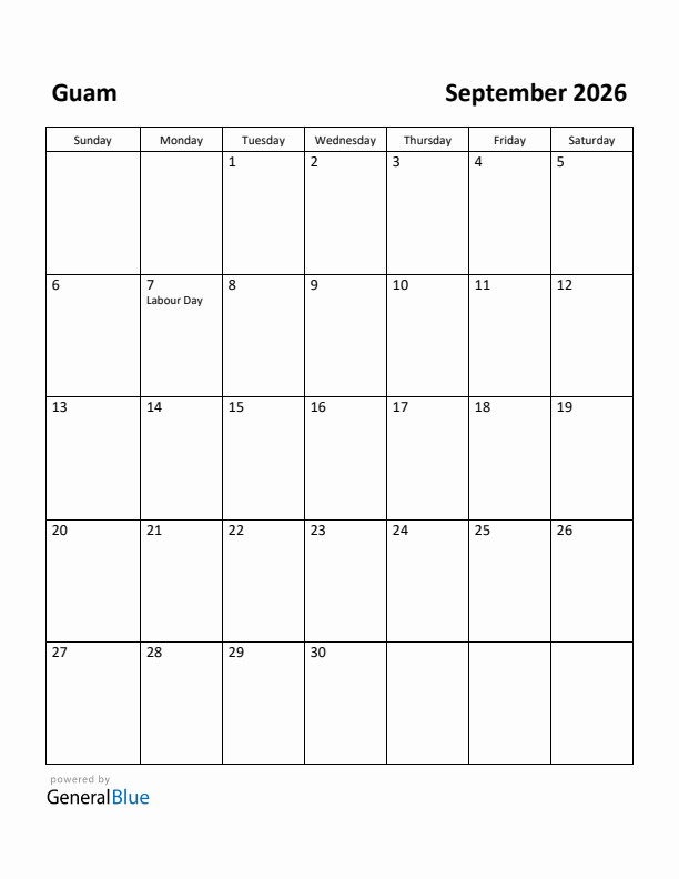 September 2026 Calendar with Guam Holidays