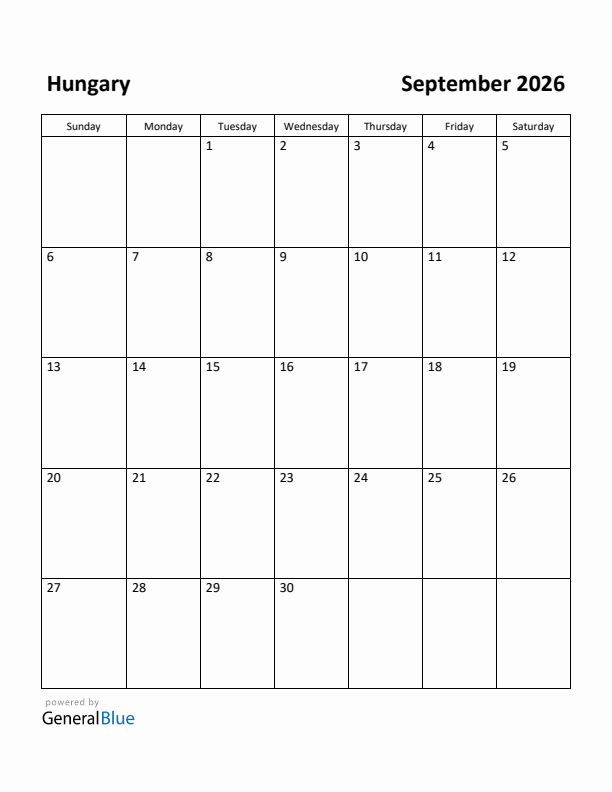 September 2026 Calendar with Hungary Holidays