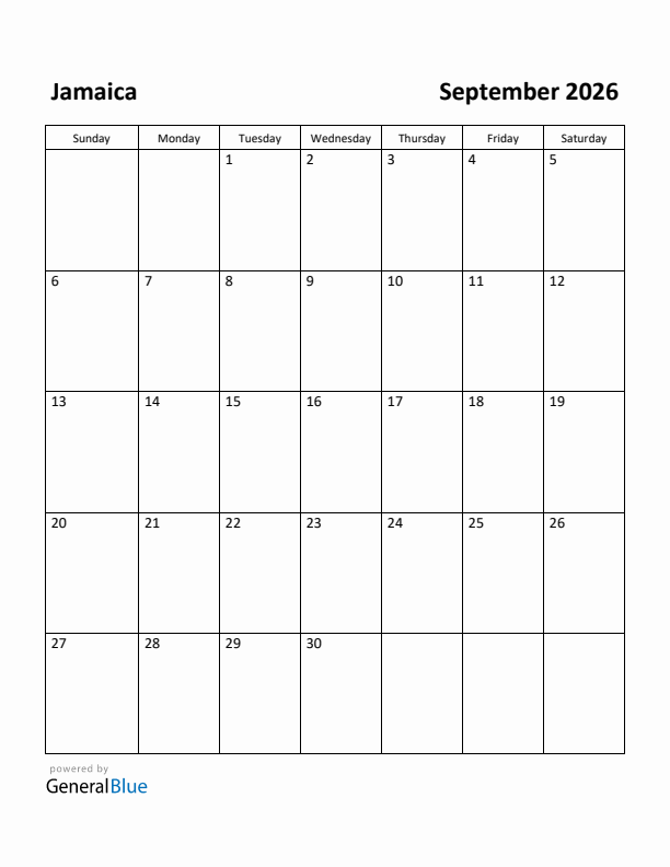 September 2026 Calendar with Jamaica Holidays