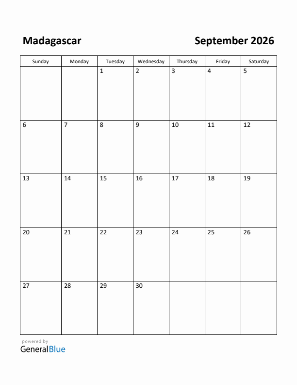 September 2026 Calendar with Madagascar Holidays