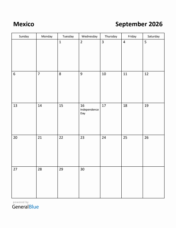September 2026 Calendar with Mexico Holidays