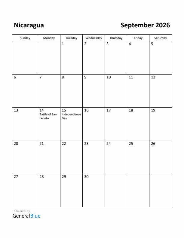 September 2026 Calendar with Nicaragua Holidays