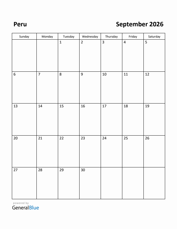September 2026 Calendar with Peru Holidays