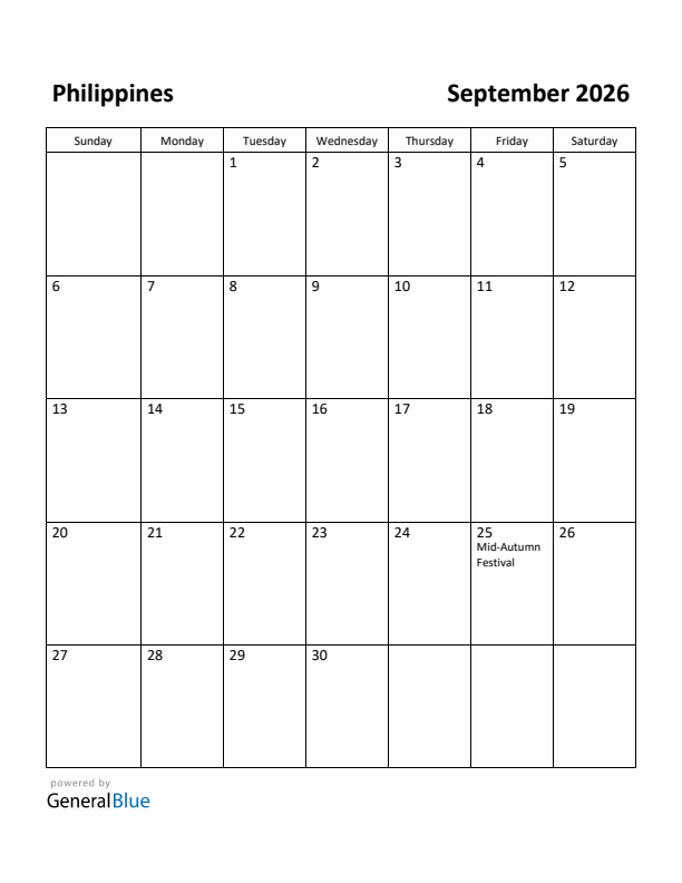 September 2026 Calendar with Philippines Holidays