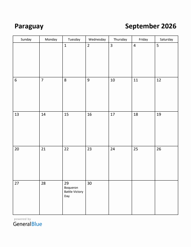 September 2026 Calendar with Paraguay Holidays