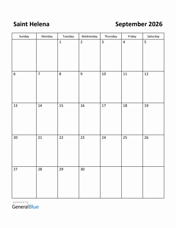 September 2026 Calendar with Saint Helena Holidays