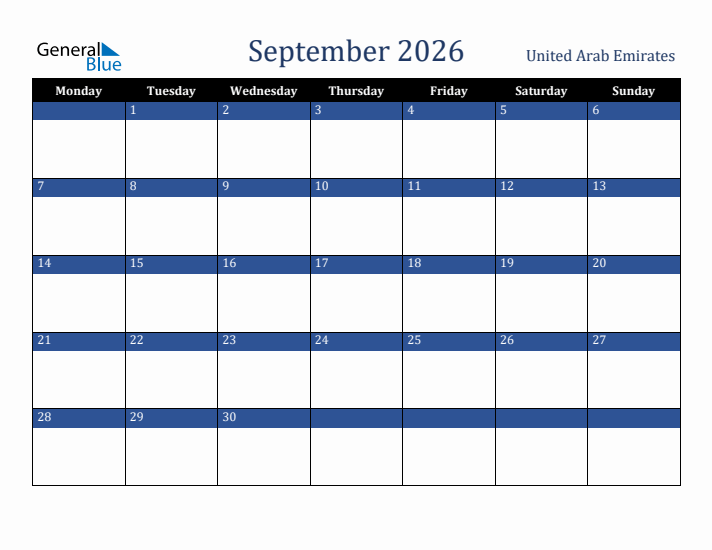 September 2026 United Arab Emirates Calendar (Monday Start)