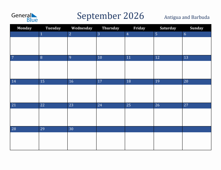 September 2026 Antigua and Barbuda Calendar (Monday Start)