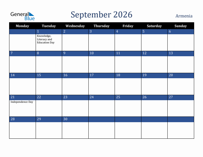 September 2026 Armenia Calendar (Monday Start)