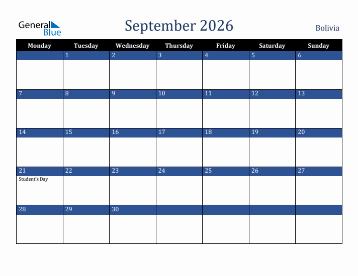 September 2026 Bolivia Calendar (Monday Start)
