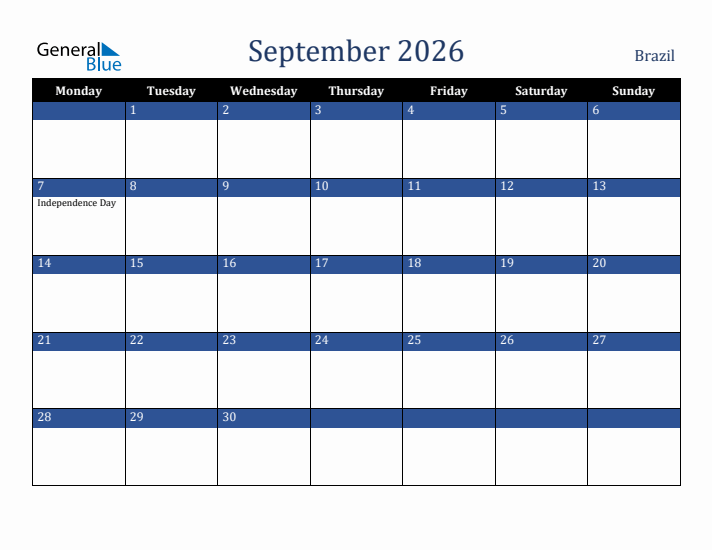 September 2026 Brazil Calendar (Monday Start)