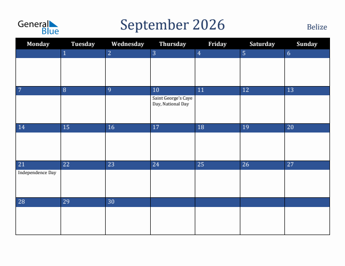 September 2026 Belize Calendar (Monday Start)